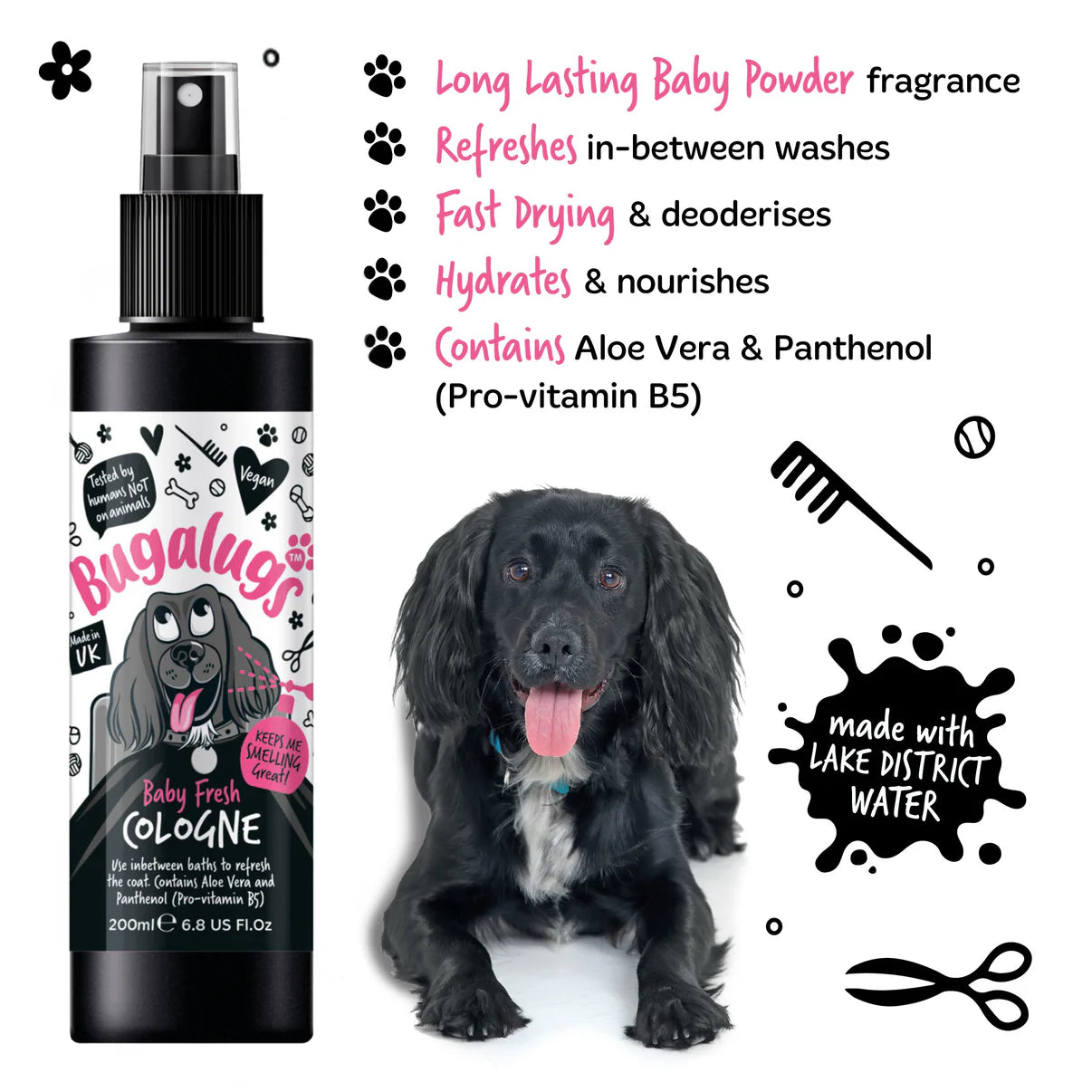 Dog coat refreshed with Bugalugs Baby Fresh Dog Cologne containing aloe vera and pro-vitamin B5