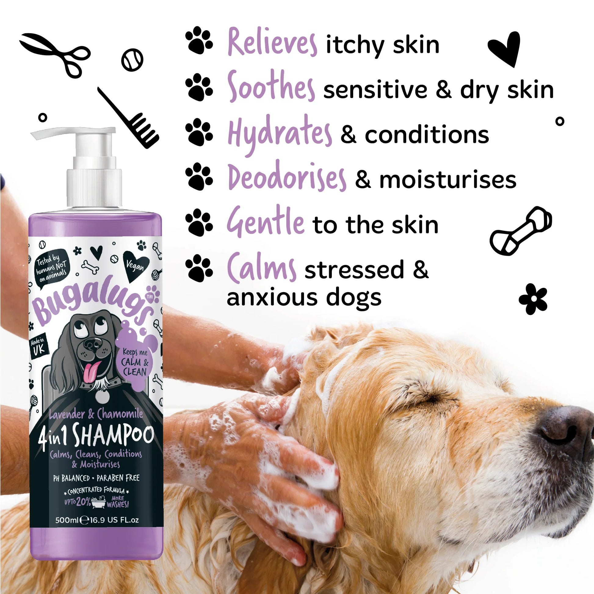 Dog being bathed with Bugalugs Calming Dog Shampoo showing calming and skin care benefits