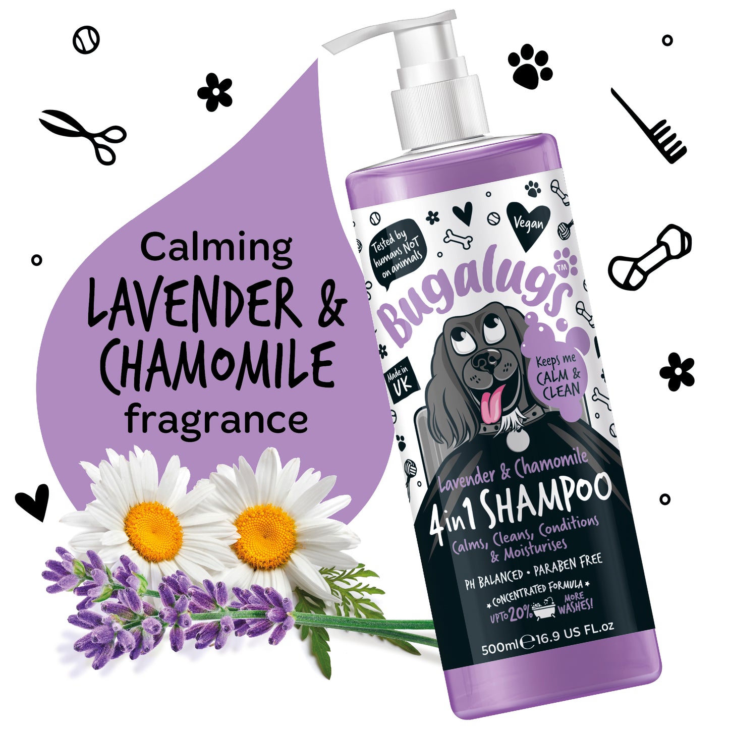 A bottle of Bugalugs Lavender and Chamomile Calming Dog Shampoo showing the fragrance on the left.