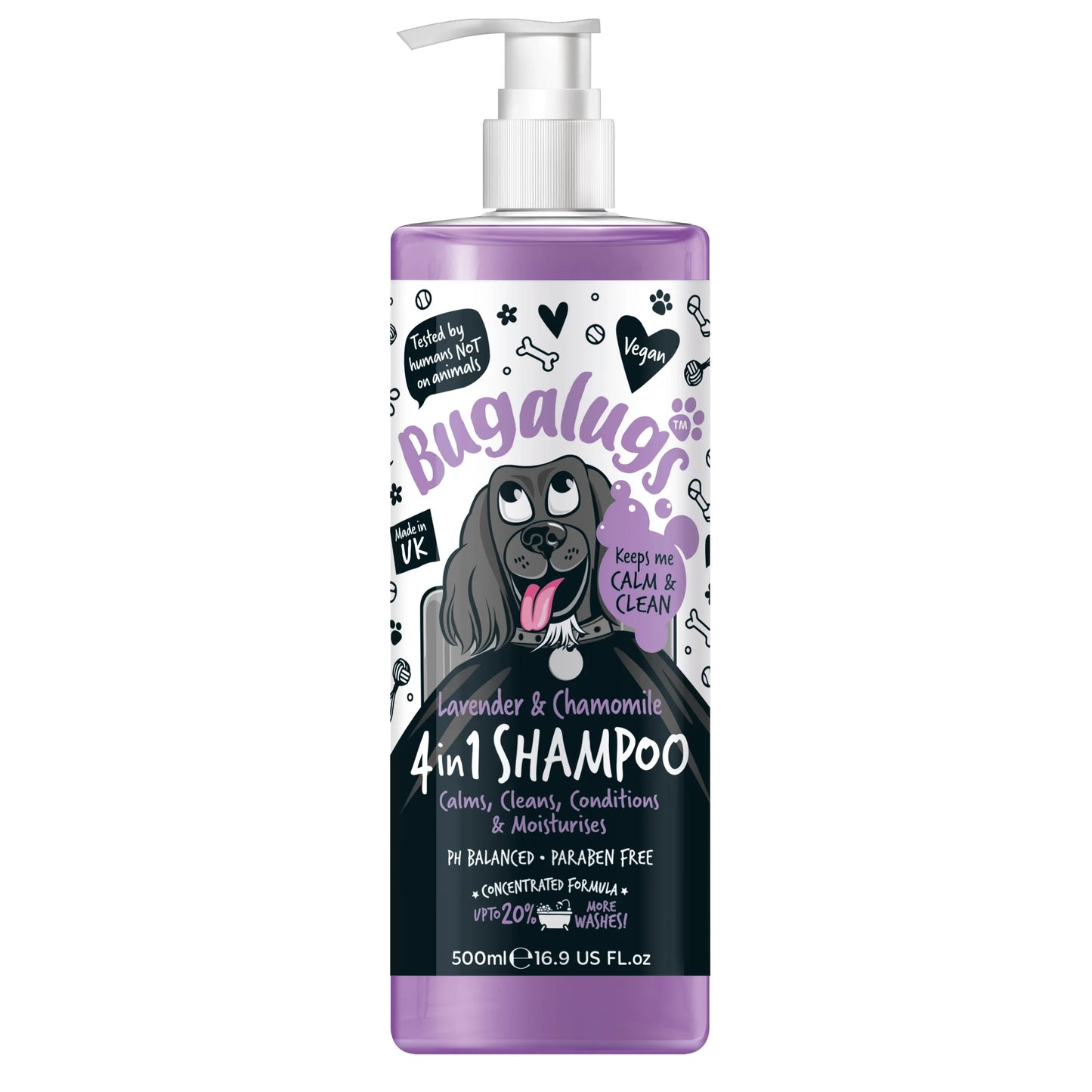 Bugalugs Calming Dog Shampoo with lavender and chamomile in a 500ml pump bottle