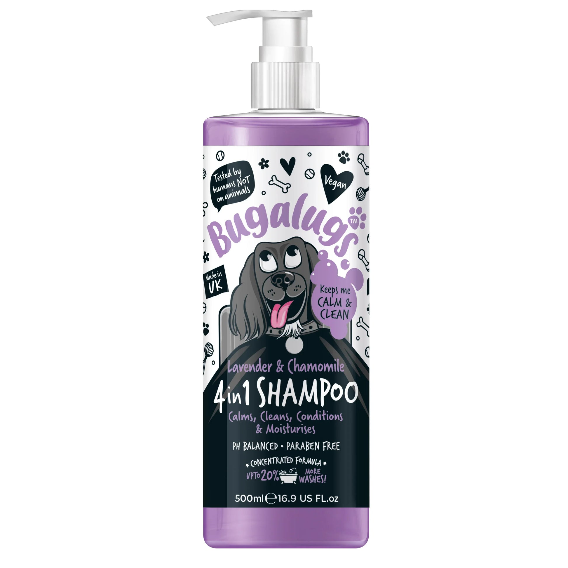 Bugalugs Calming Dog Shampoo with lavender and chamomile in a 500ml pump bottle