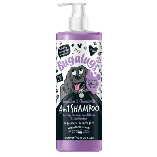 Bugalugs Calming Dog Shampoo with lavender and chamomile in a 500ml pump bottle