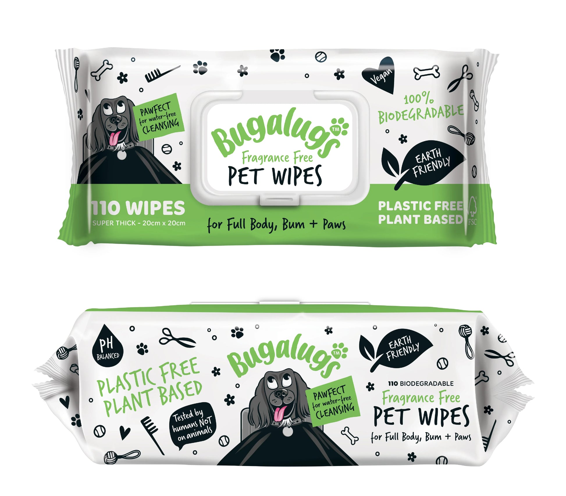 Bugalugs Fragrance Free Pet Wipes pack containing 110 biodegradable pet wipes