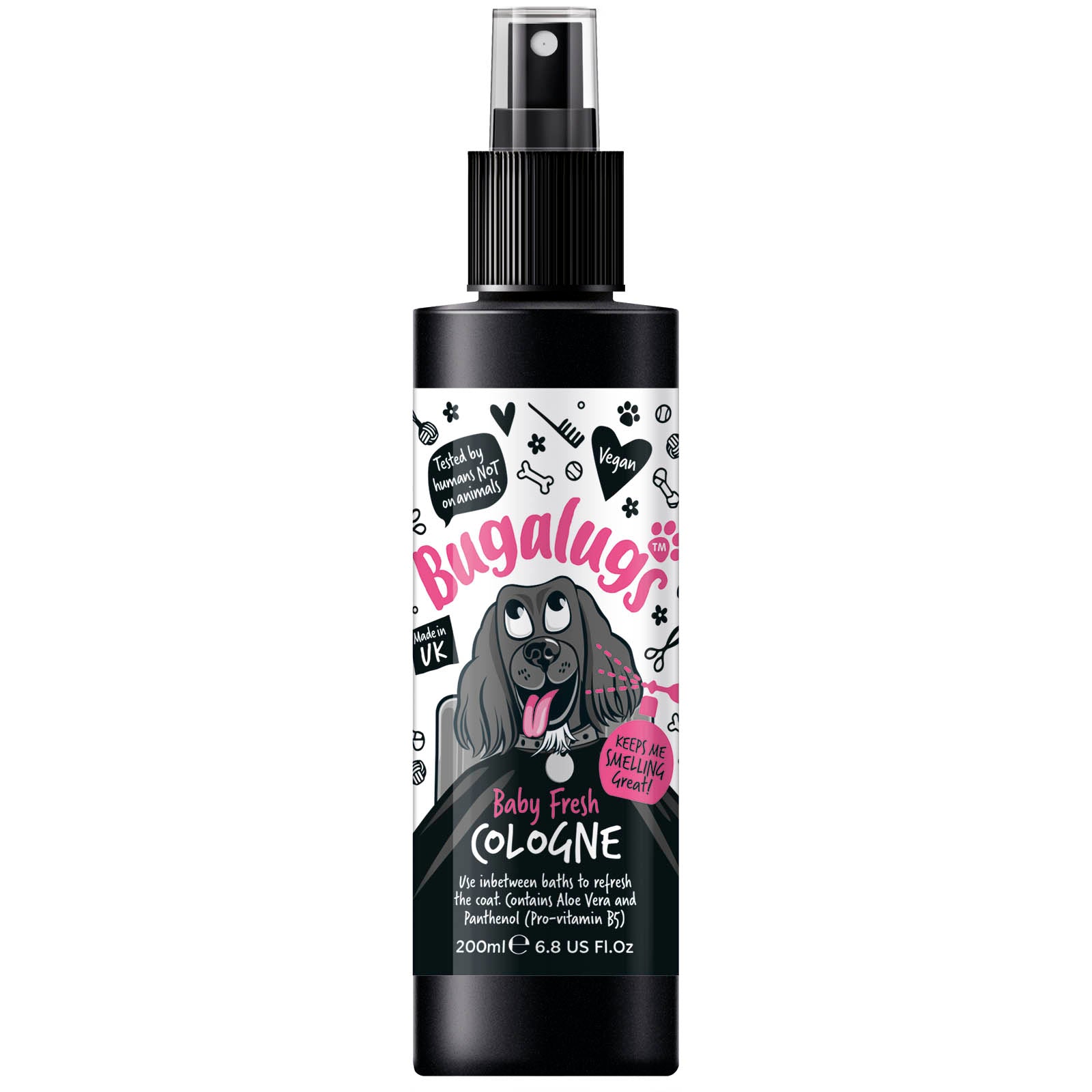 A bottle of bugalugs baby fresh dog deodorant cologne on an all white background.