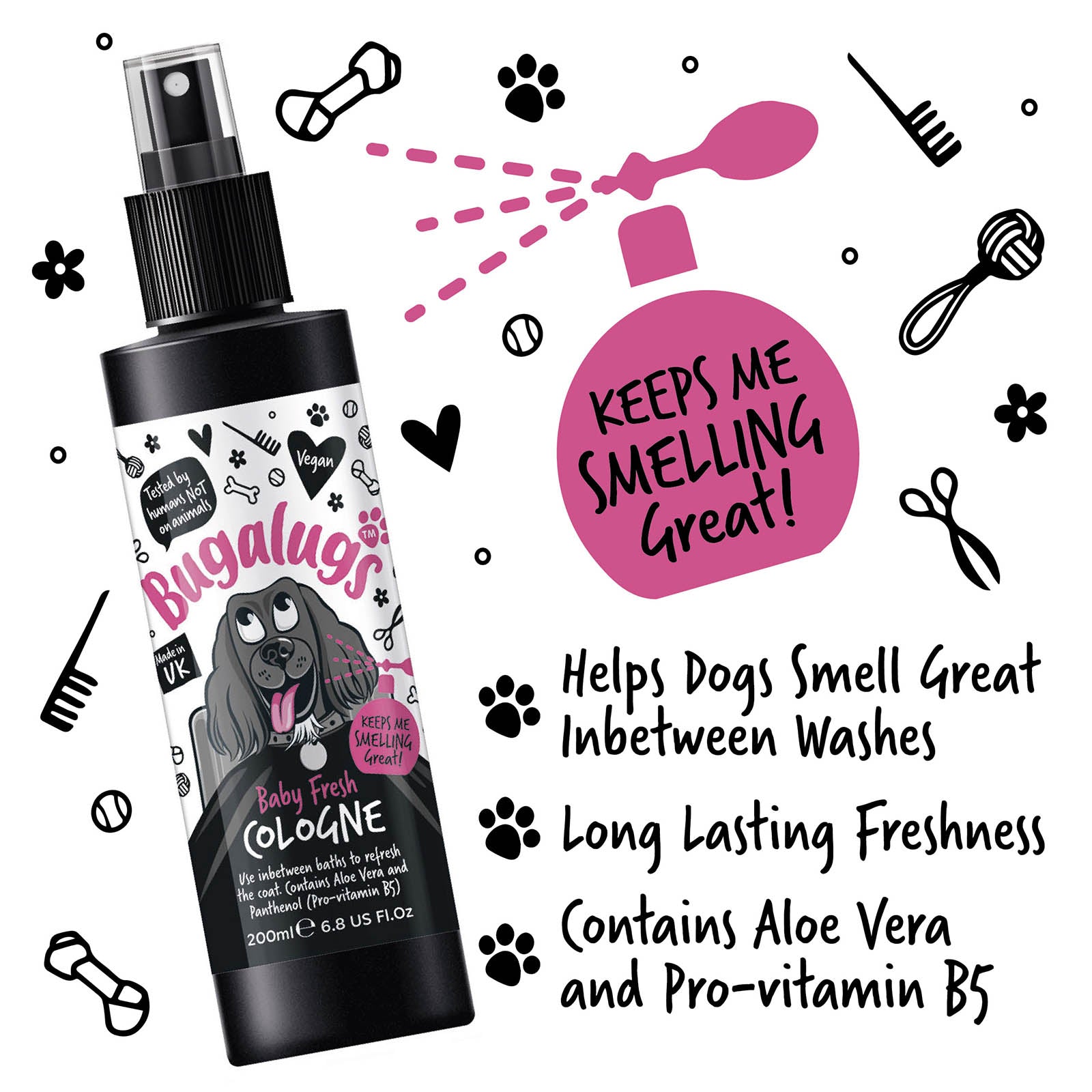 A bottle of bugalugs baby fresh dog deodorant cologne on an all white background with three benefits of using it written to the right.