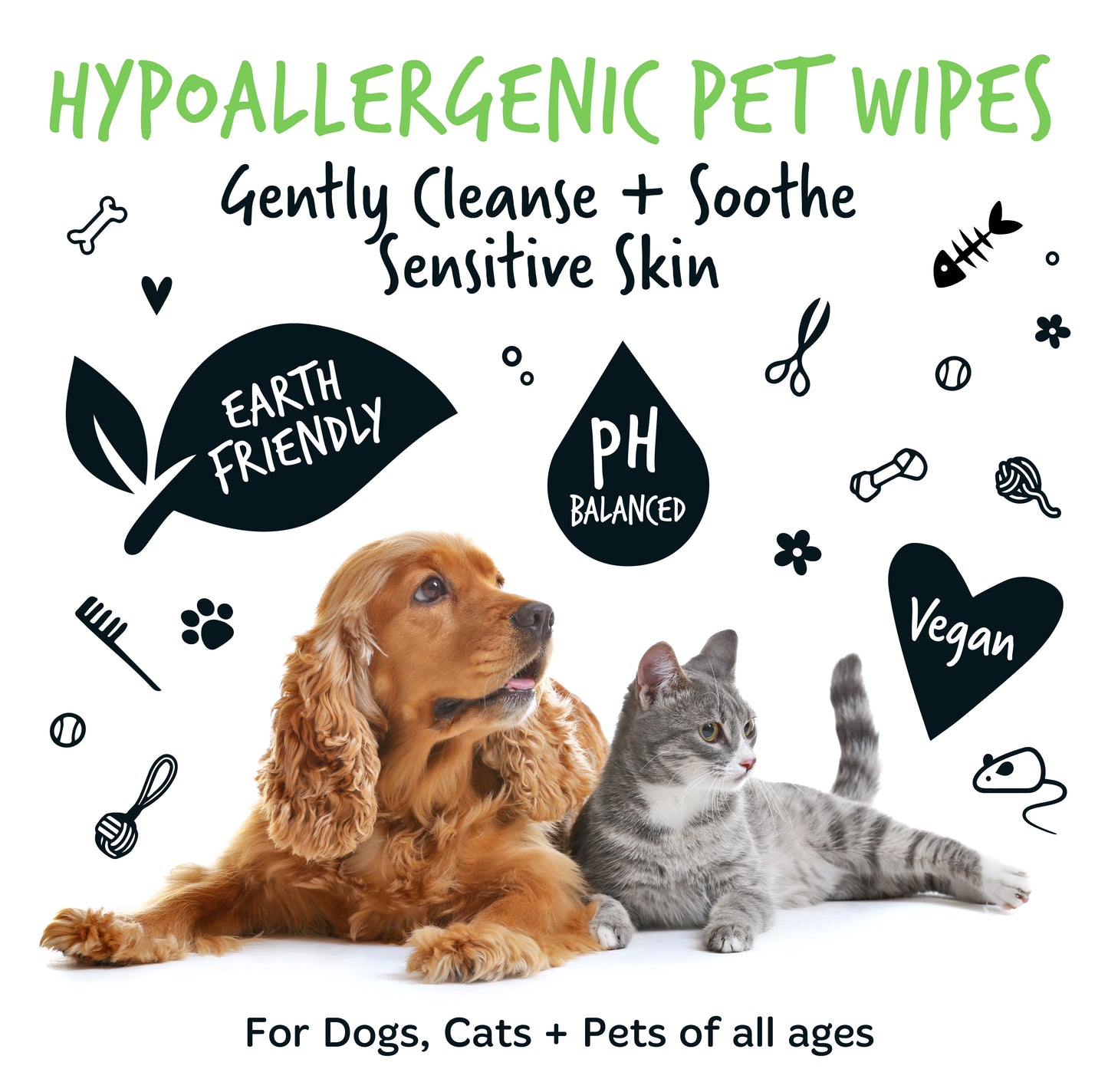 A dog and cat laid down on a white background with key benefits of Bugalugs pet wipes for cats and dogs highlighted above their heads.