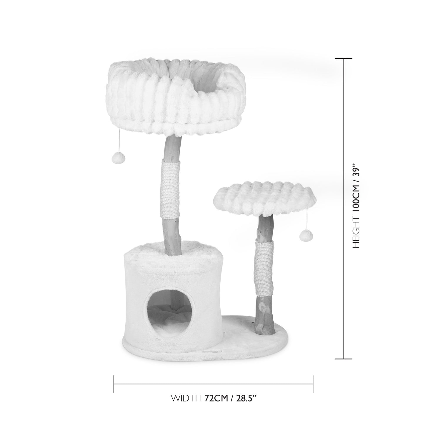 Cat tree tower with dimensions on a white background