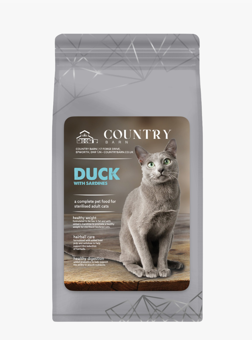 Country Barn Duck with Sardines Dry Cat Food packaging