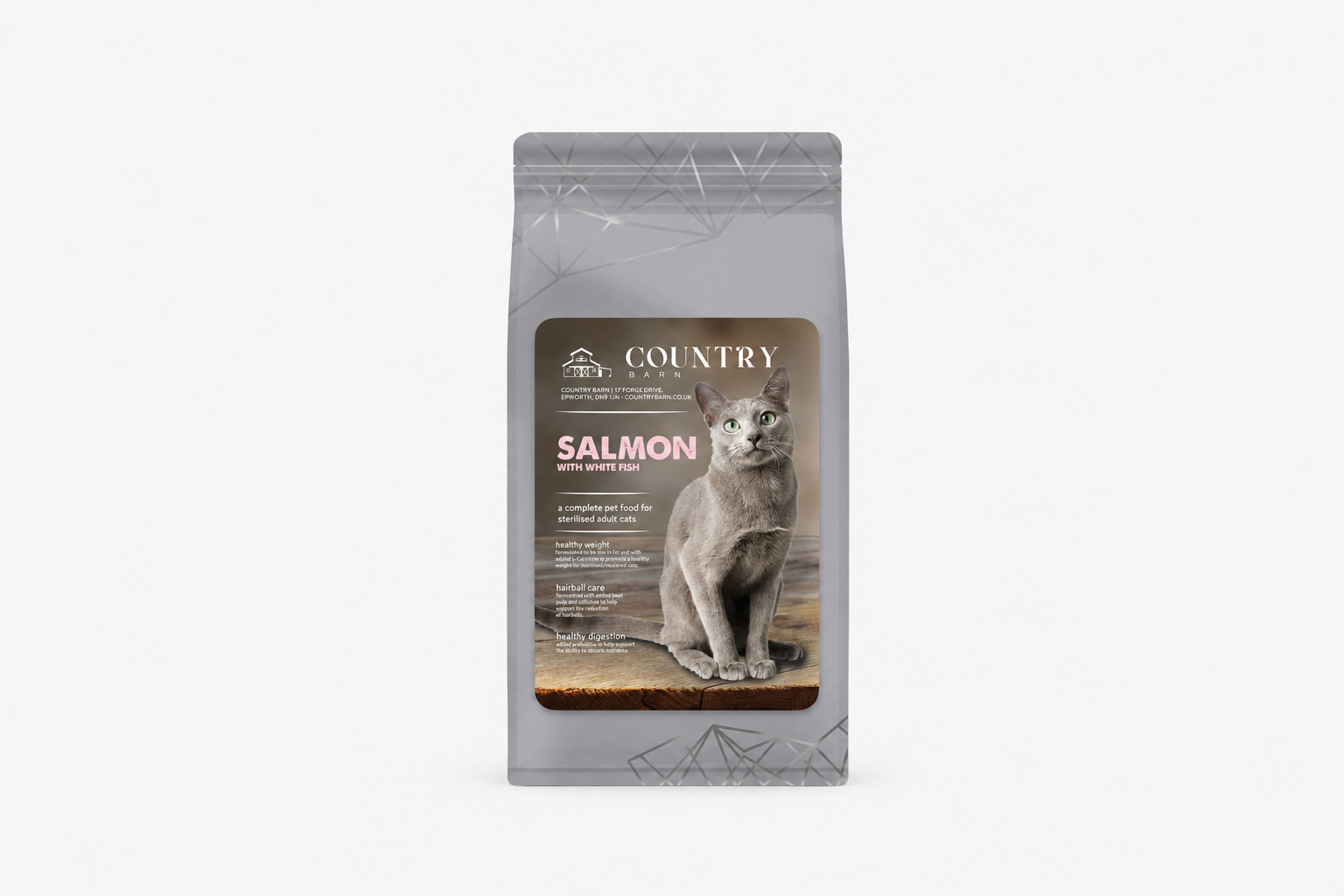 Country Barn Salmon with White Fish dry cat food bag on a white background
