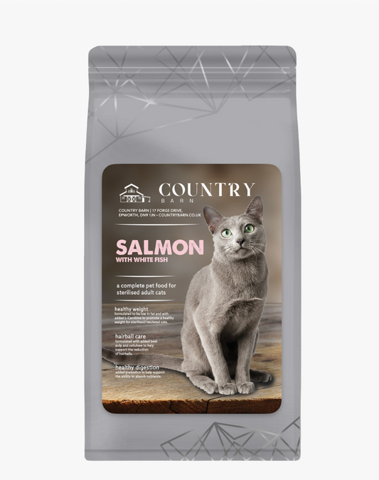 Country Barn Salmon & White Fish Dry Cat Food packaging