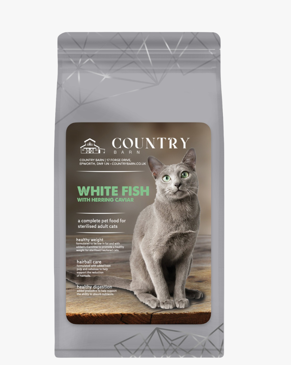 Country Barn White Fish & Nordic Herring Caviar Dry Cat Food packaging