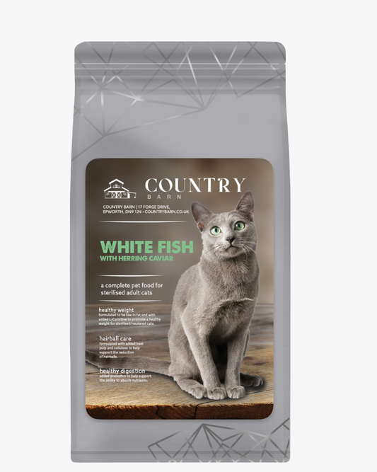 Country Barn White Fish & Nordic Herring Caviar Dry Cat Food packaging
