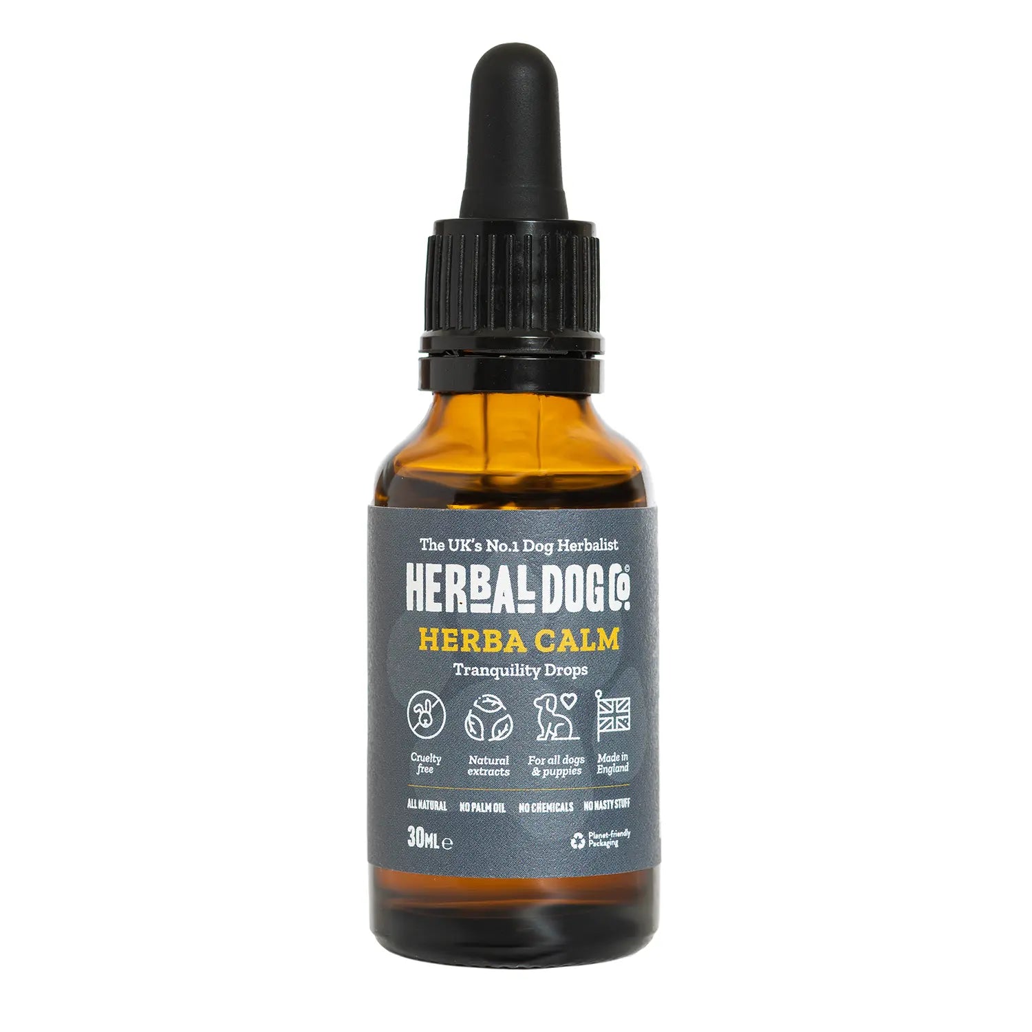 The front of a 30ml bottle of Herbacalm Dog Calming Supplements, Tranquillity Drops by Herbal Dog Co. on a white background.