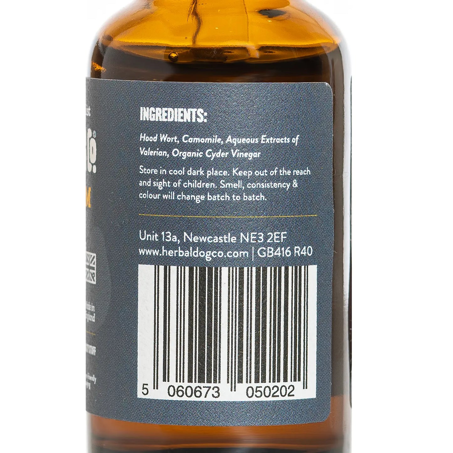 The back of a 30ml bottle of Herbacalm Dog Calming Supplements, Tranquillity Drops by Herbal Dog Co. showing ingredients on a white background.
