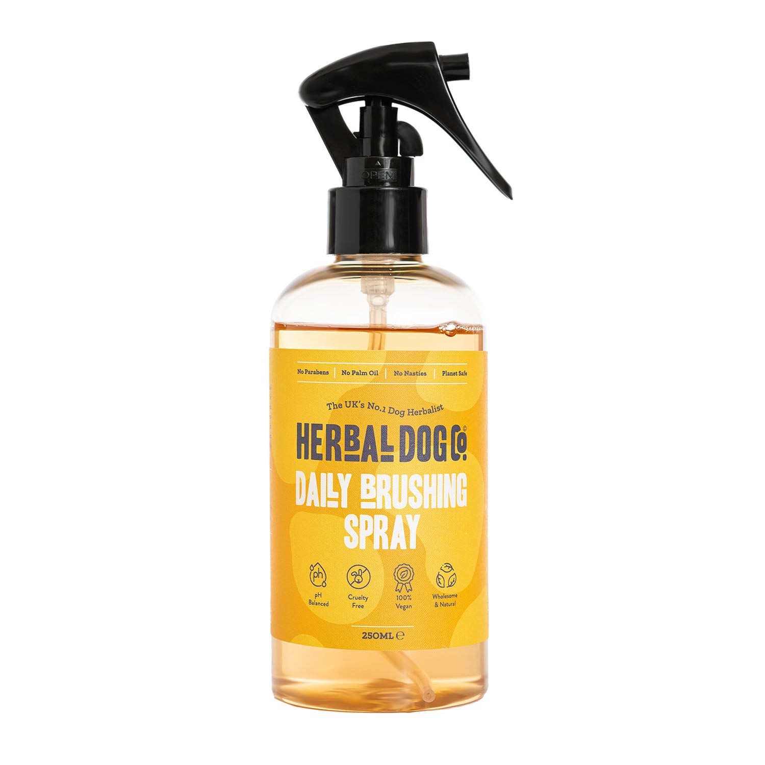 A bottle of dog de-matting spray by Herbal Dog Co. on an all white background.