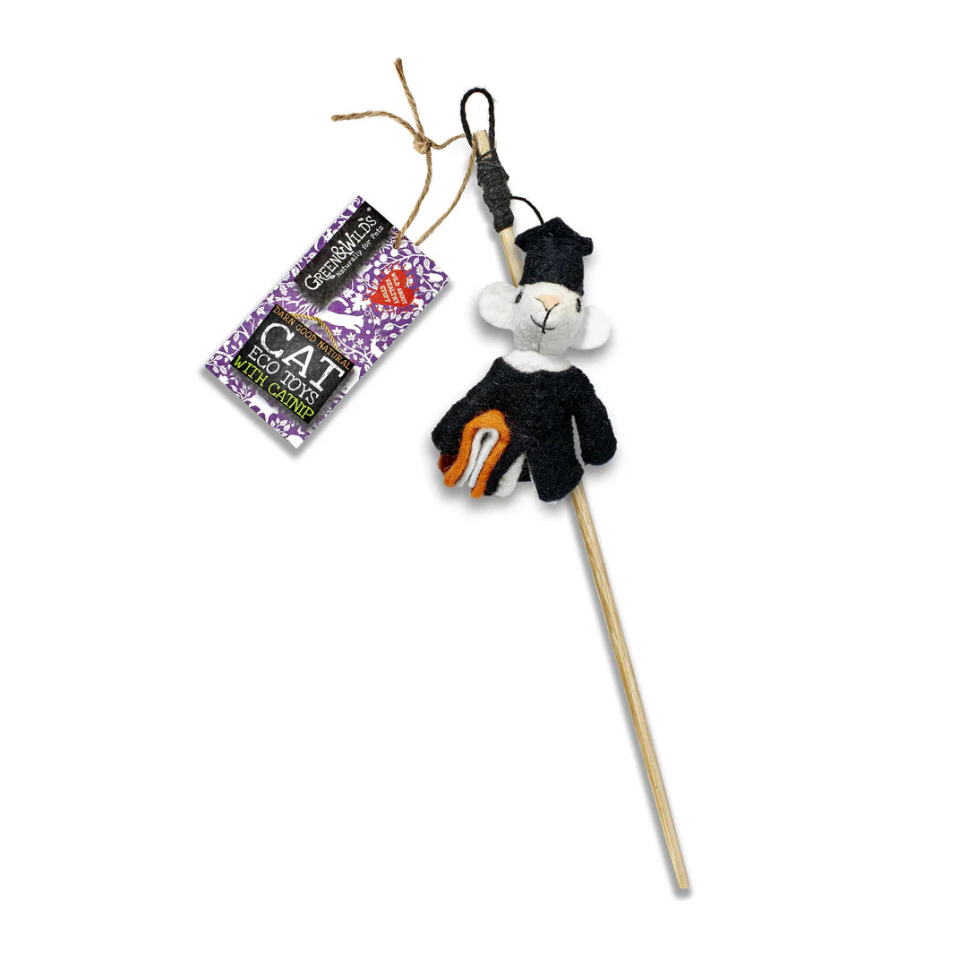 An eco cat toy featuring a mouse-shaped figure attached to a stick, with eco-friendly materials and a card indicating it contains catnip.