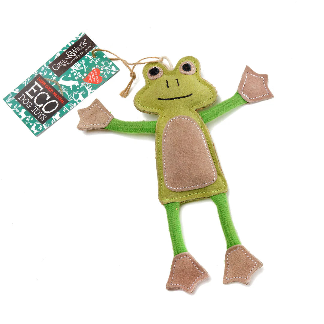 A green and beige eco dog toy shaped like a frog, made from sustainable jute and soft suede.