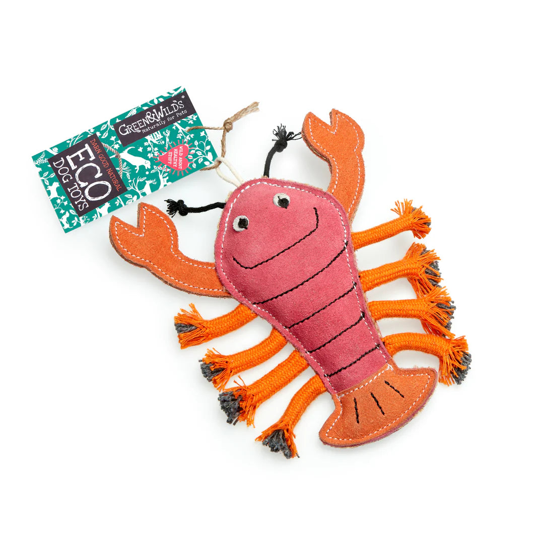 A plush eco dog toy resembling a lobster with a suede outer, natural stuffing, and plaited jute rope legs.