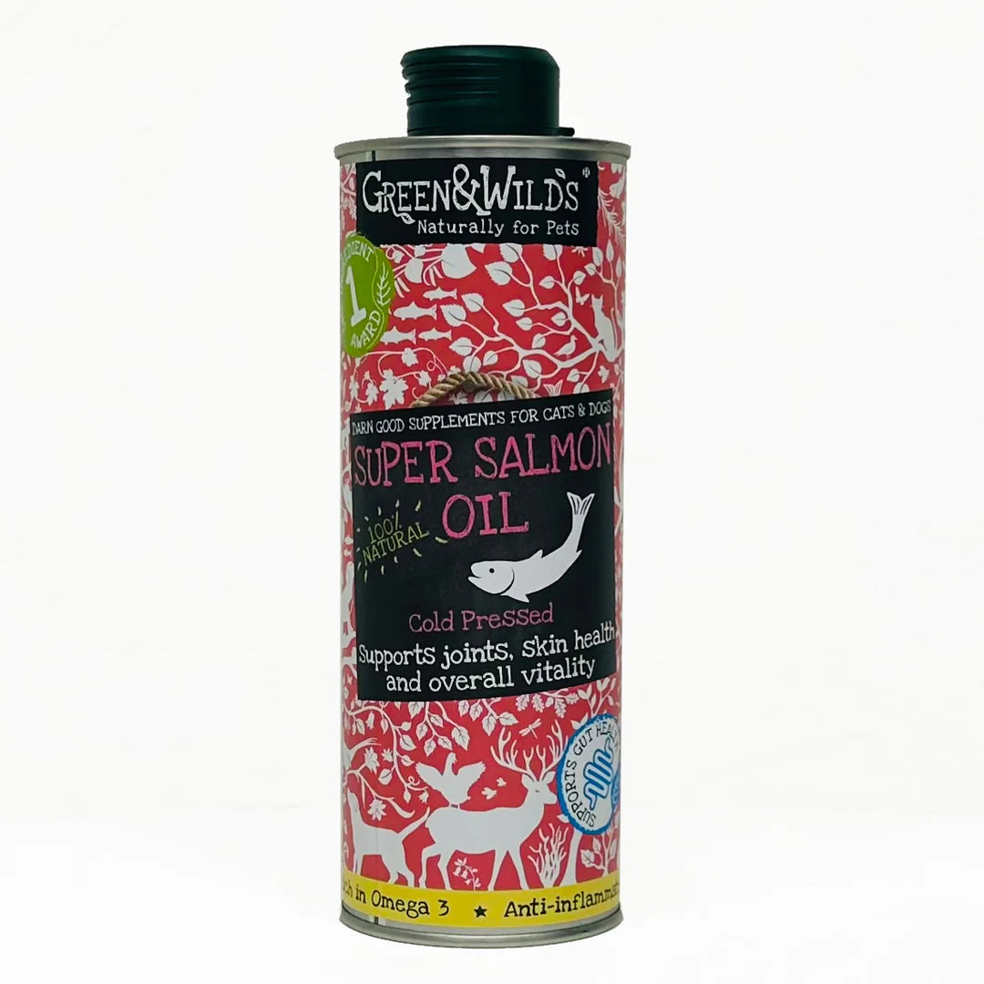 Green & Wild’s Super Salmon Oil For Dogs bottle on a white background