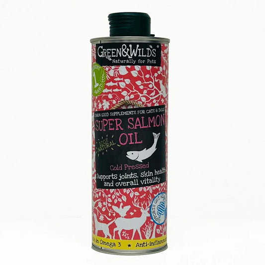 Green & Wild’s Super Salmon Oil For Dogs bottle on a white background