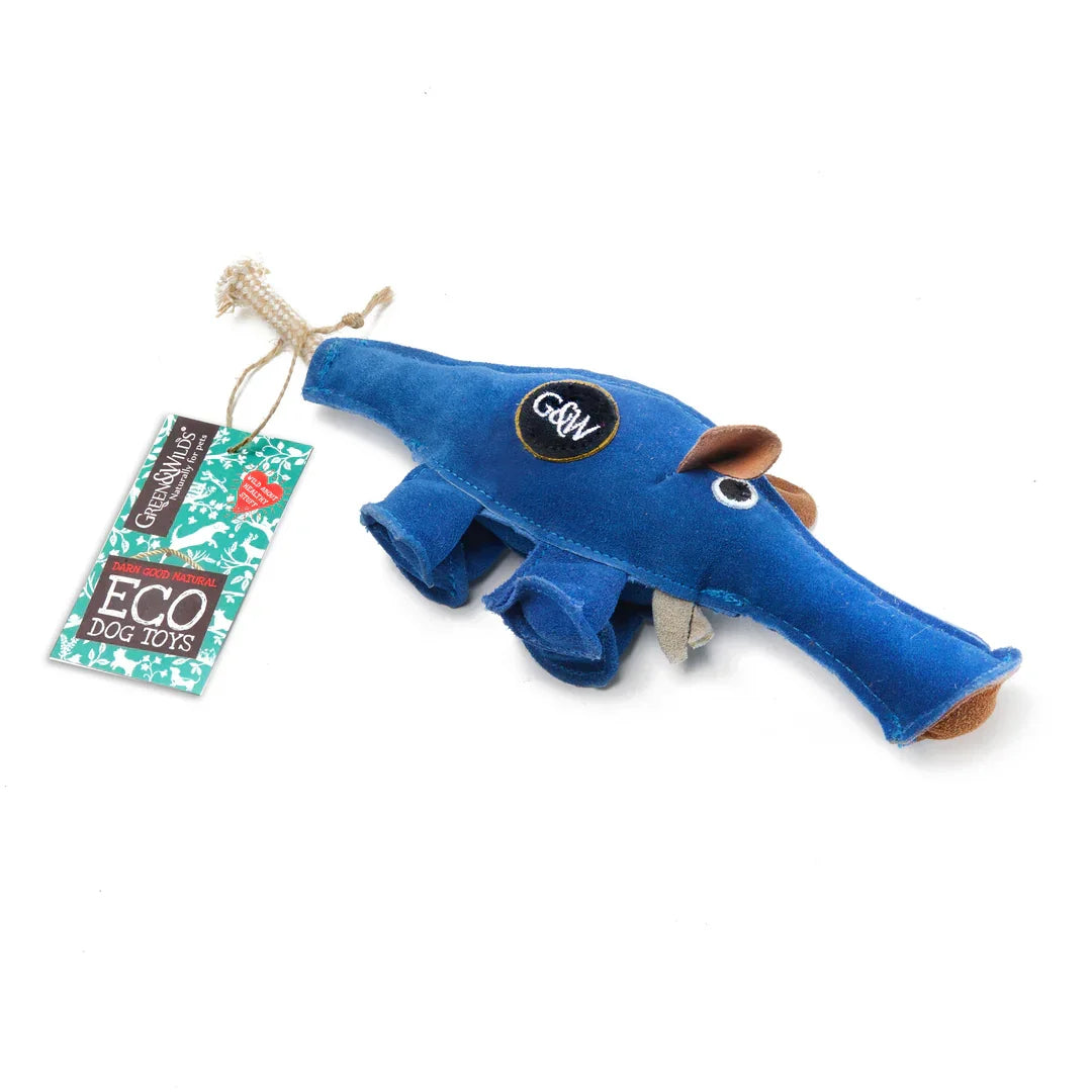 Green & Wild’s Dino The Dyno Fish eco dog toy made from natural suede and jute