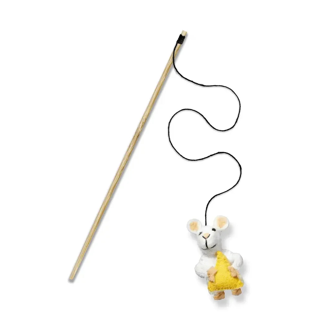 Monty Jack Mouse eco cat toy teaser attached to a bamboo wand