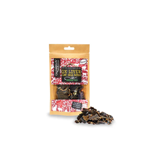 Green & Wild’s ox liver cat treats air dried deli bites with pieces of dried liver