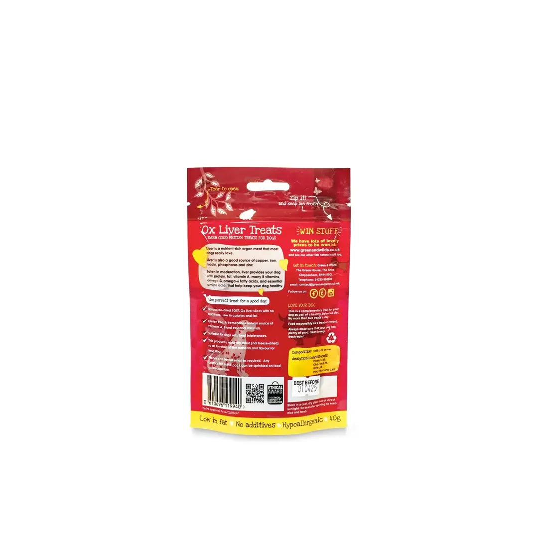 Back of ox liver dog treats packaging showing feeding guide and ingredients