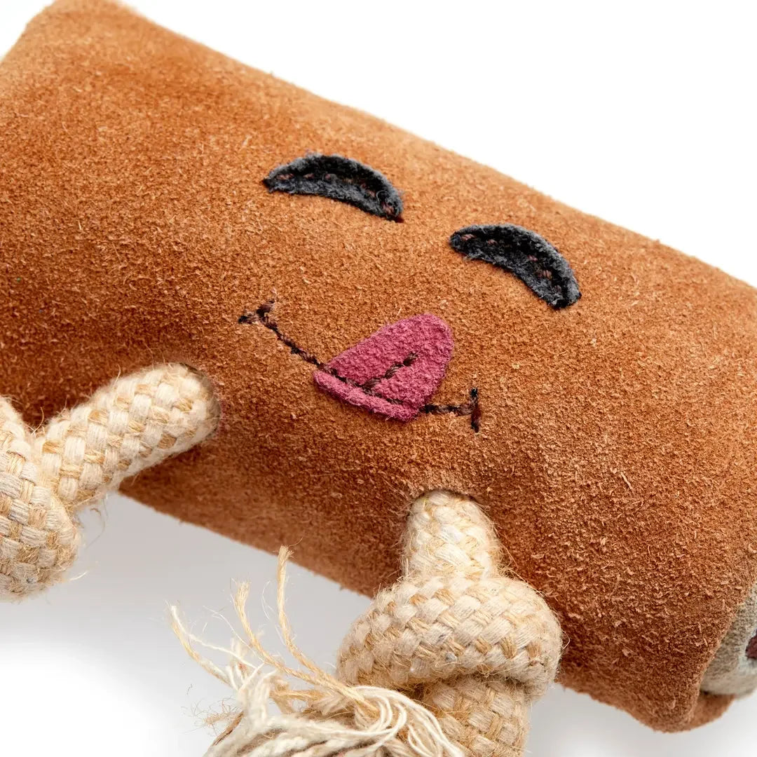 Close-up of rope legs and suede texture on an eco dog toy