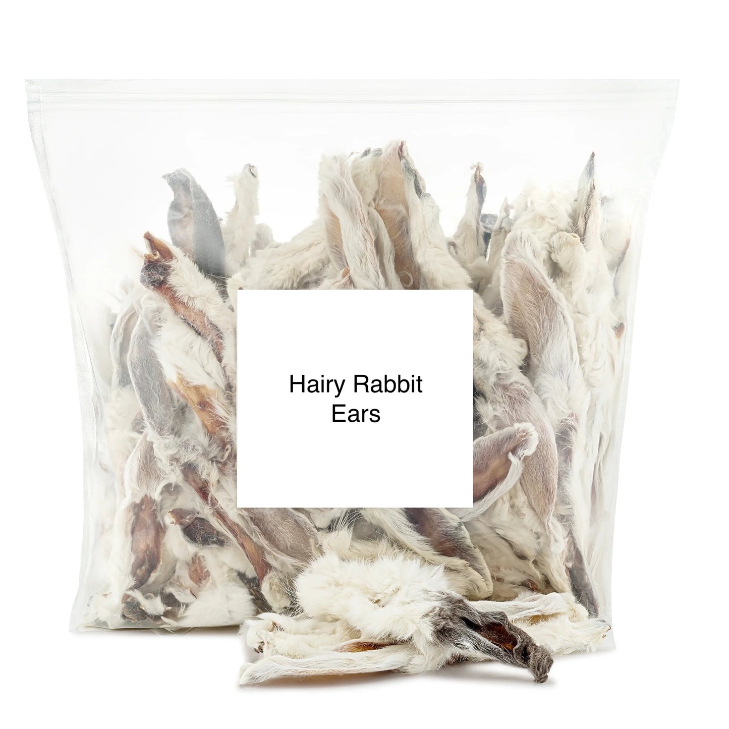 A stack of white hairy rabbit ears natural dog treats on an all white background.