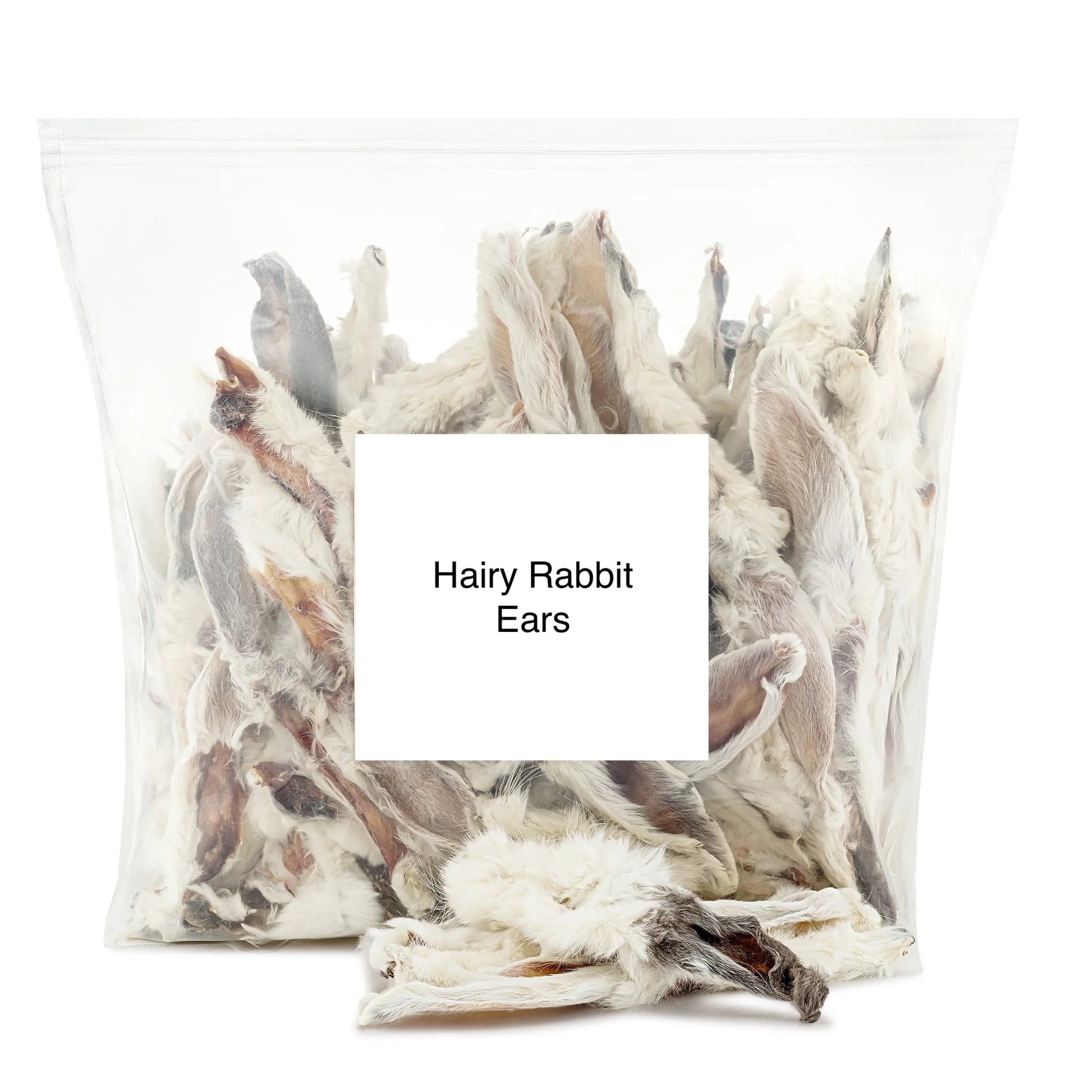 A stack of white hairy rabbit ears natural dog treats on an all white background.