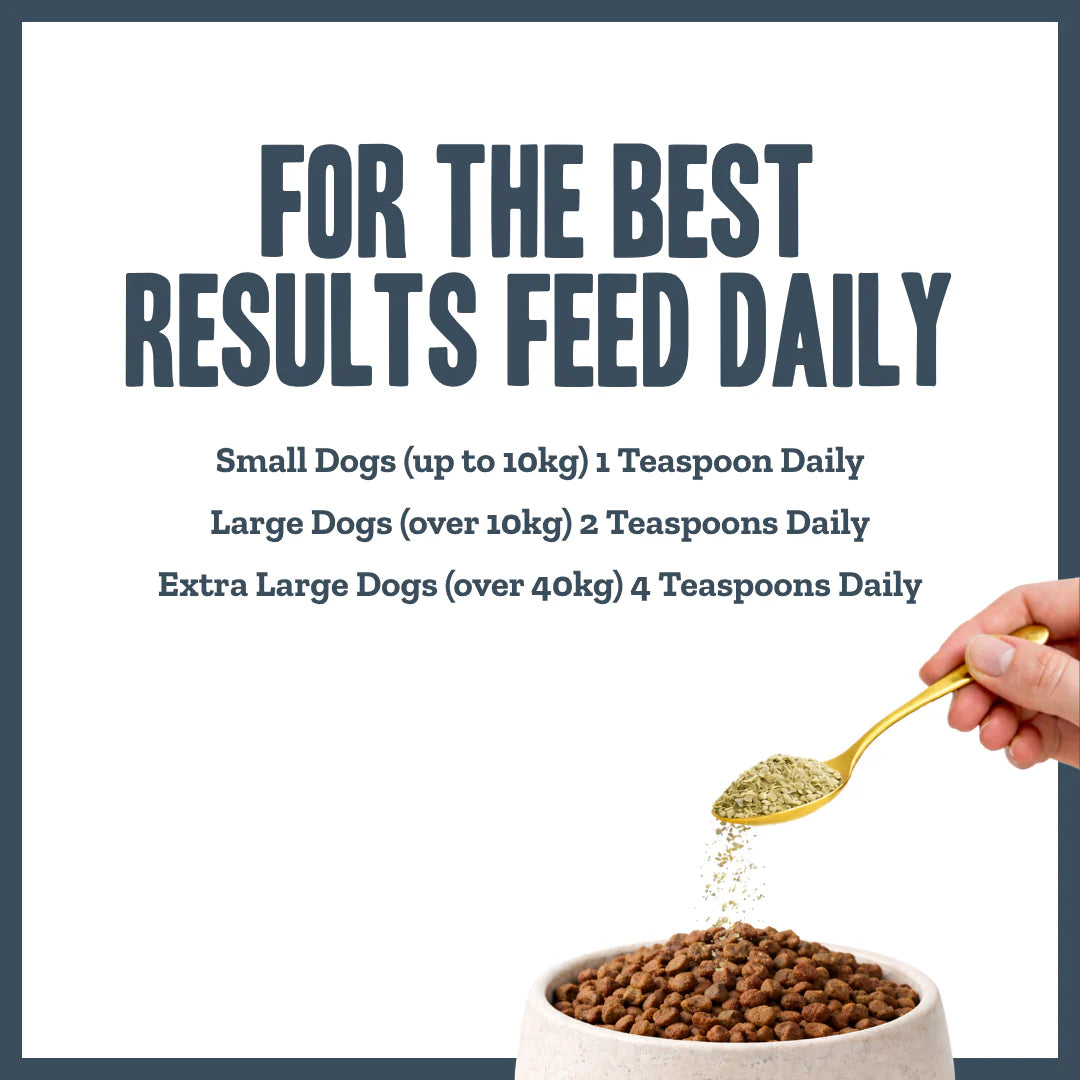 Feeding guide for Herbacalm Calming Dog Supplements showing daily serving amounts by dog size