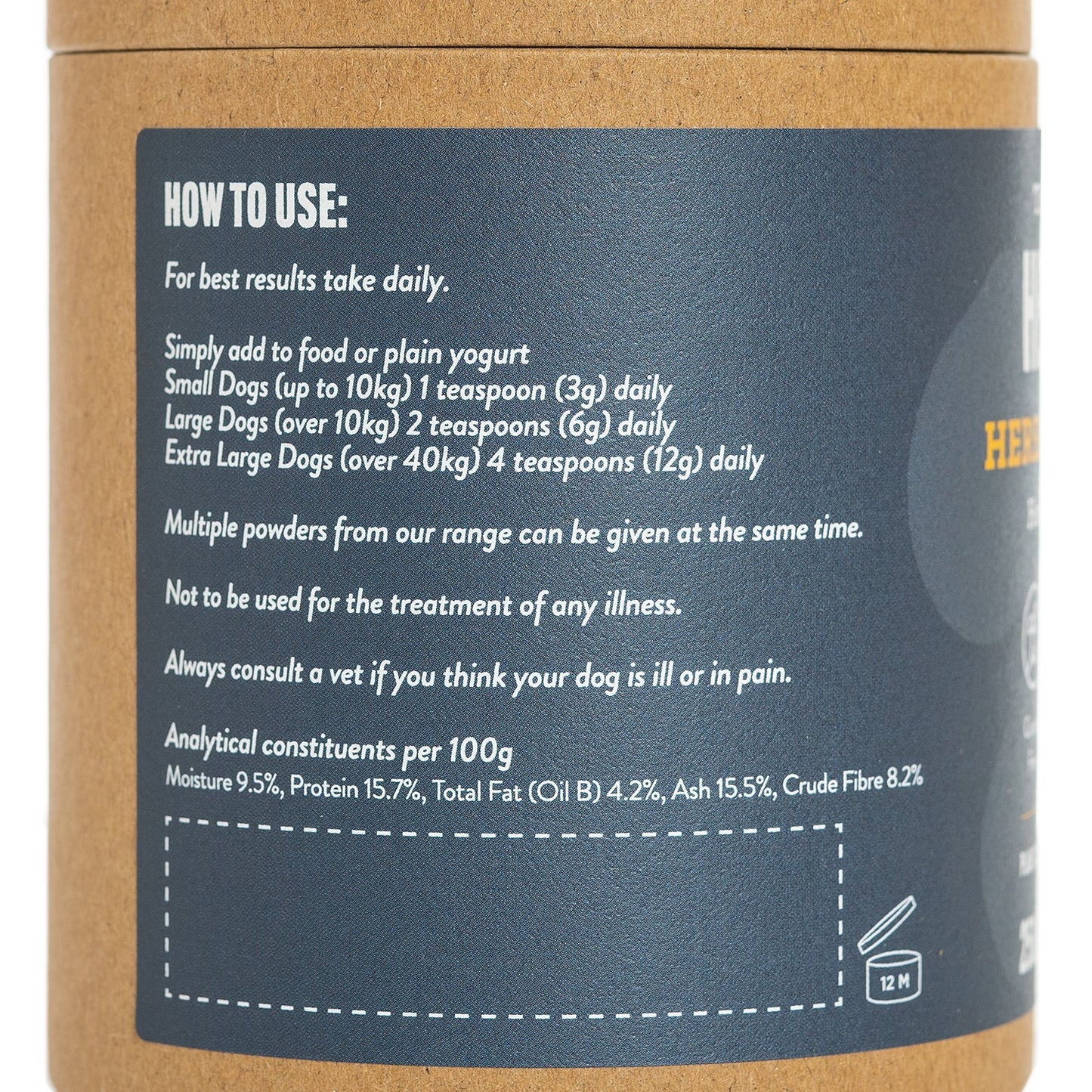 Feeding guide showing daily serving amounts for Herbacare Skin & Fur dog supplements
