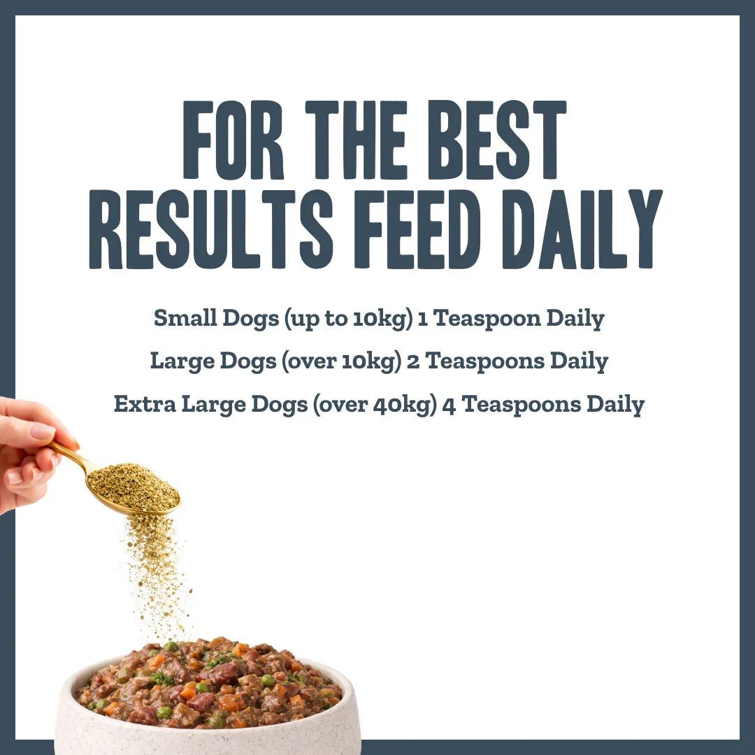 Feeding guide showing daily serving amounts for Herbaflex joint supplements for dogs