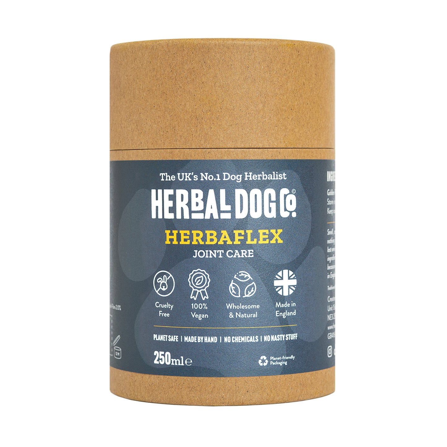 An unopened tub of joints and mobility blend dog supplements by Herbal Dog Co. on an all white background.