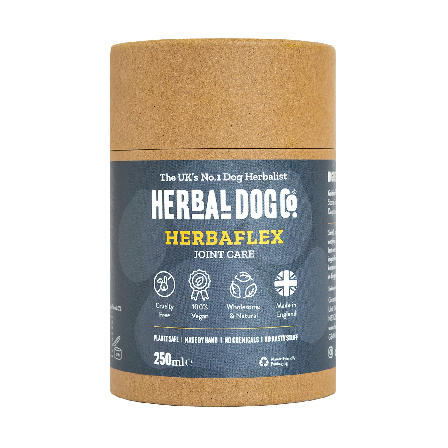 An unopened tub of joints and mobility blend dog supplements by Herbal Dog Co. on an all white background.