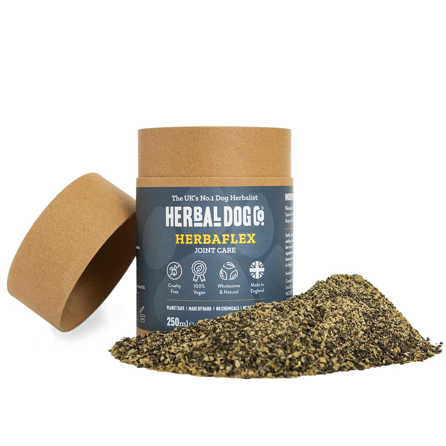 An opened tub of joints and mobility blend dog supplements by Herbal Dog Co. on an all white background.
