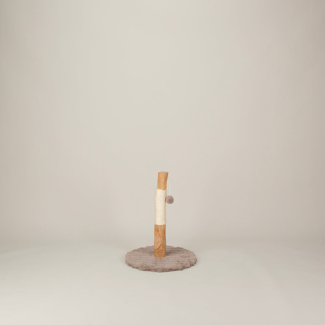 Cat scratching post with a wooden post and brown base on a light grey background