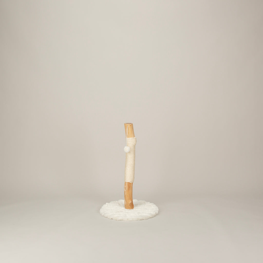 Cat scratching post with a wooden pole and white ball on a grey background