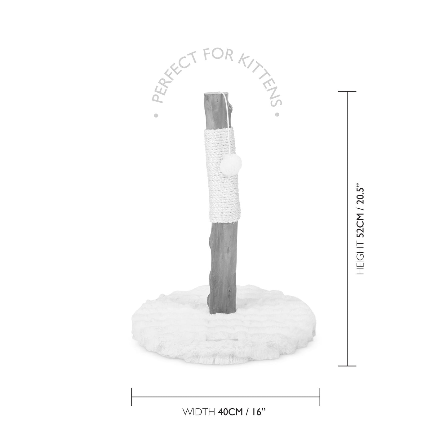 Cat scratching post with a grey post and white base, labeled 'Perfect for Kittens', with dimensions on a white background.