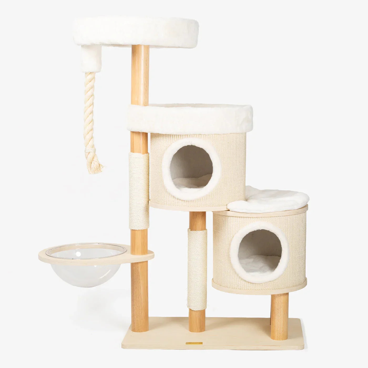 Helsinki Hide & Sleep cat tree by Lords & Labradors with two enclosed caves, platforms, and hammock on white background
