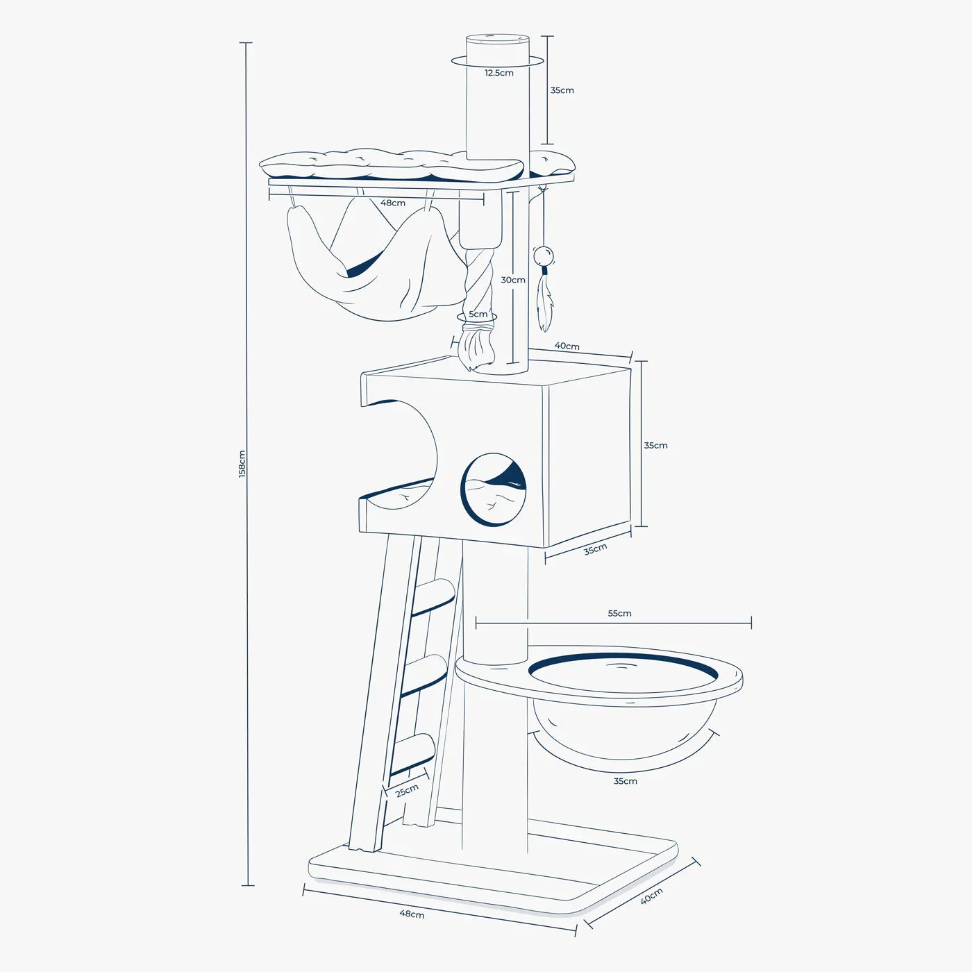 Play centre for cats dimensions diagram showing height, base size and platform layout