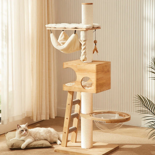 Lords & Labradors play centre for cats in a living room with platforms, hammock, hideaway and clear bowl bed
