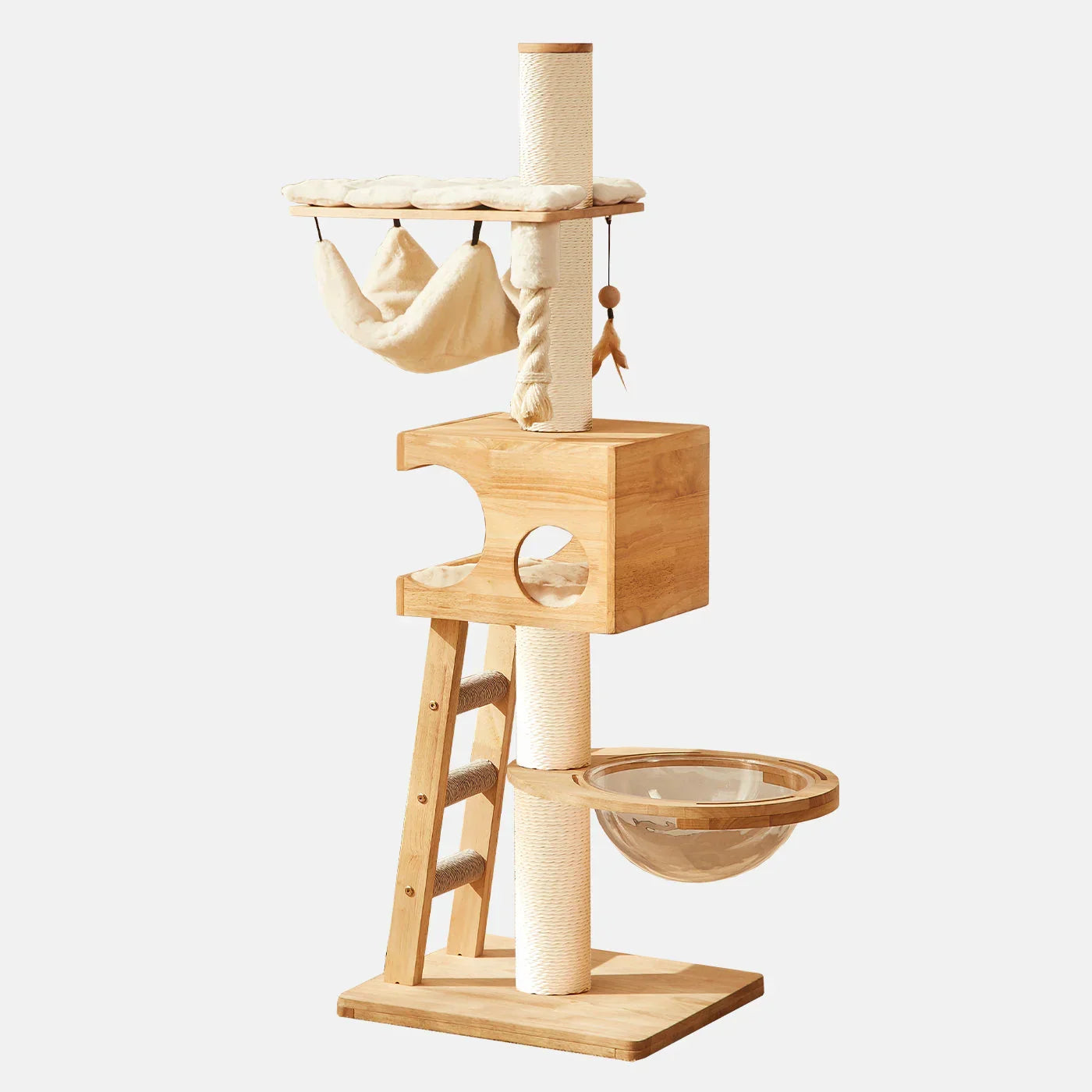 Play centre for cats with platforms, hammock, scratching post and clear bowl on white background
