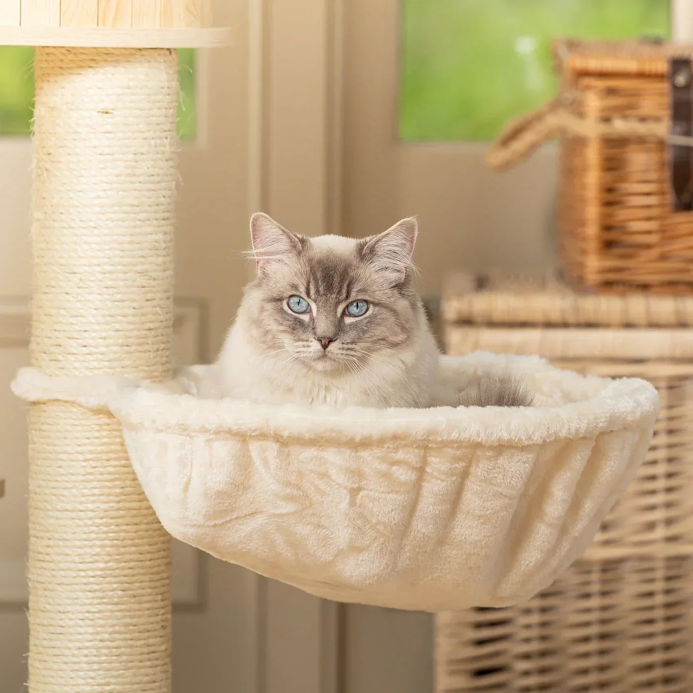 Cat lying in fabric hammock attached to Helsinki Loft cat tree with sisal posts