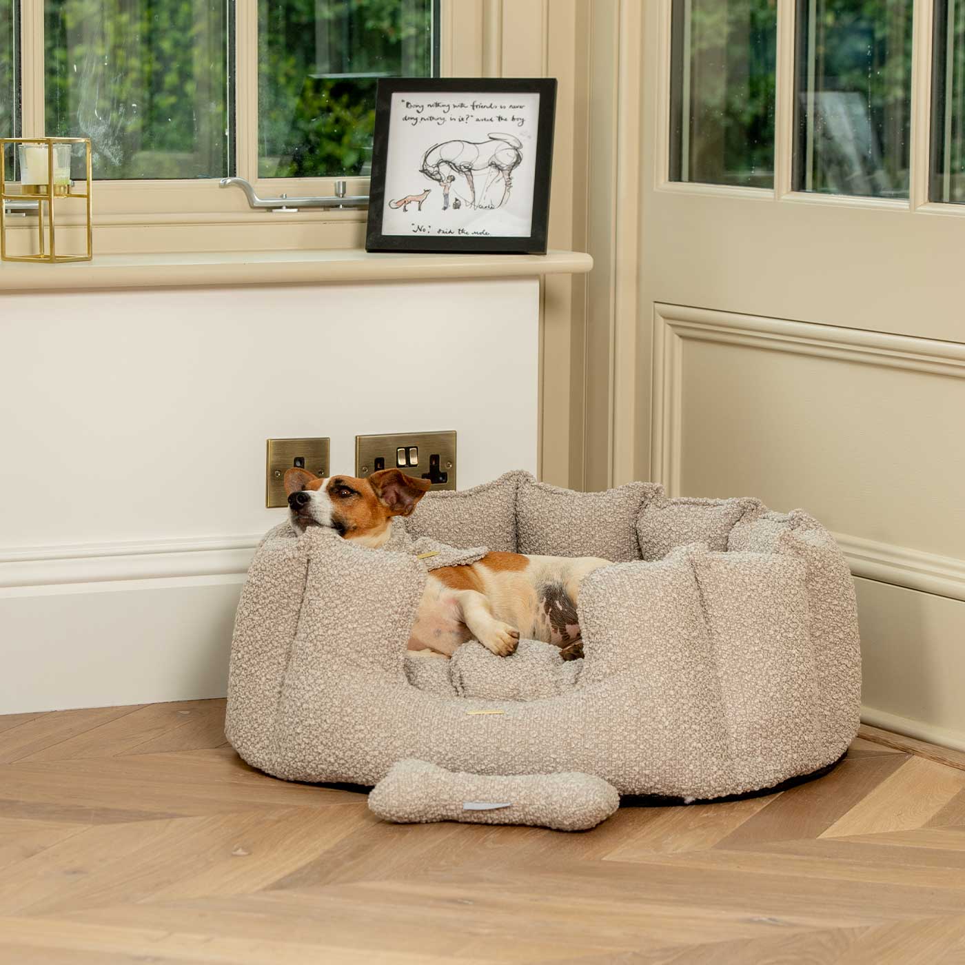 Lords & Labradors mink boucle high sided dog bed with dog lying comfortably indoors