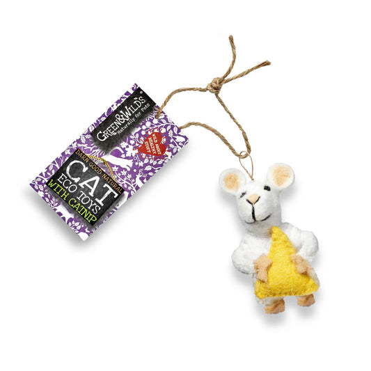 A plush eco cat toy resembling a mouse holding a triangular piece of cheese design, and attached to a jute string.