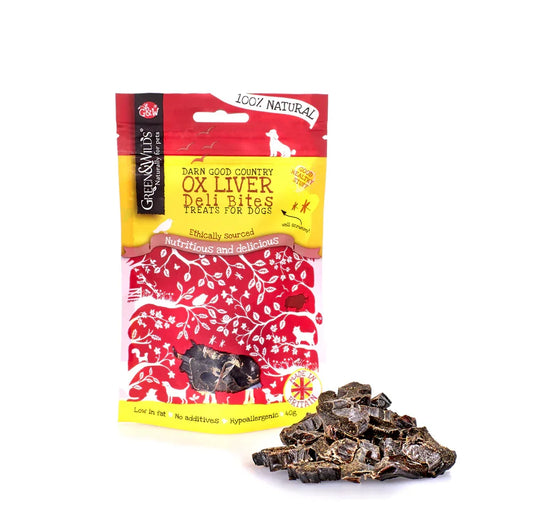 Ox liver dog treats deli bites by Green & Wild’s with visible liver pieces on a white background