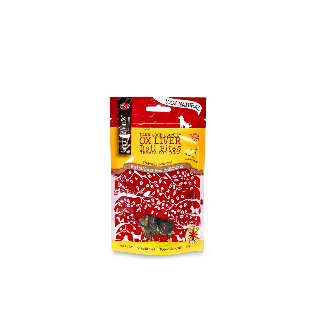 Natural dog treat package with red and yellow design on a white background