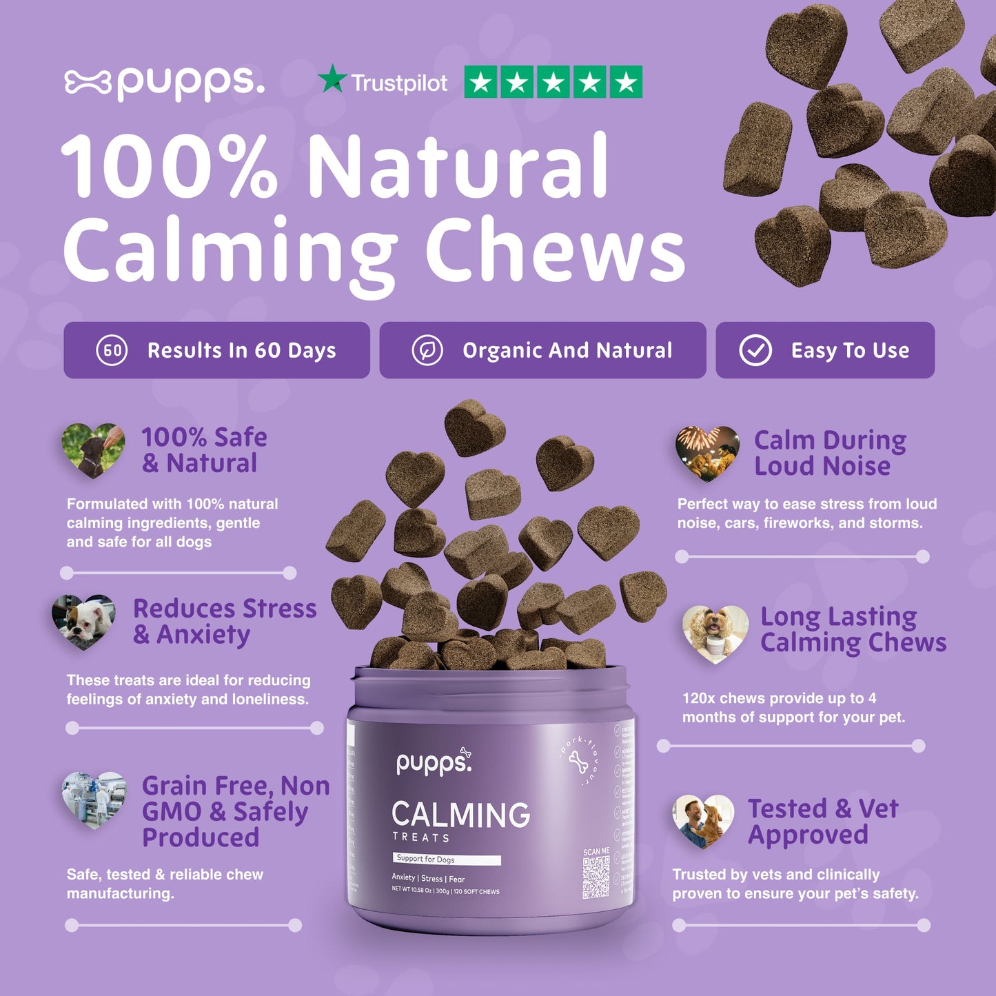 Dog calming supplement chews with natural calming ingredients
